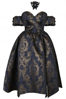Платье "Версаль" темно - синее с золотистым, атлас, вышивка, вензеля, миди
