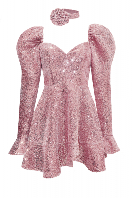 Платье "Джойс" пудровое (розовое), пайетки на бархате, мини + чокер роза