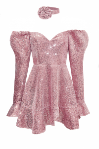 Платье &quot;Джойс&quot; пудровое (розовое), пайетки на бархате, мини + чокер роза