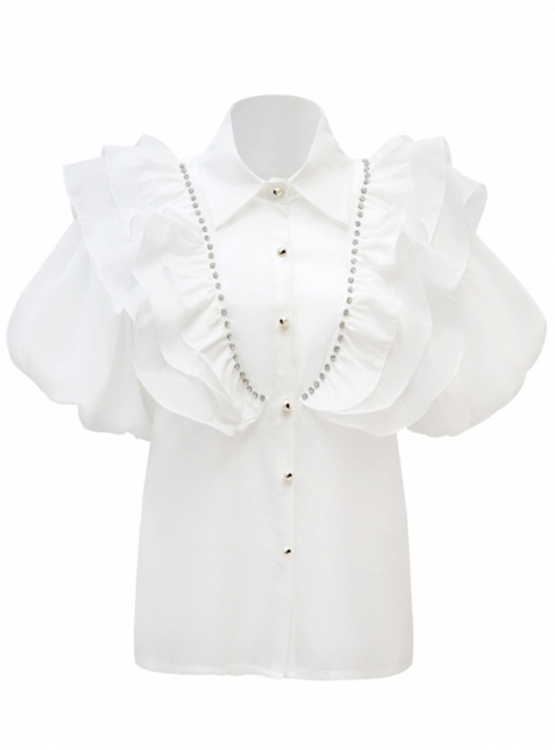 Блуза "Леди" белая, с воланами и камнями - стеклярусами