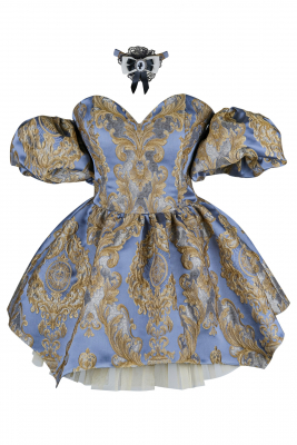 Платье "Версаль" сине - золотистое, атлас, вышивка, вензеля, мини