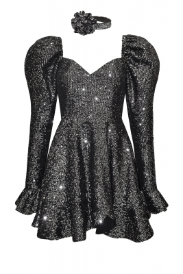 Платье "Джойс" черное, темно-серое (графитовое) пайетки, мини + чокер роза