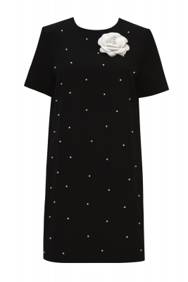 Платье "Росанна" черное, декорированное жемчугом + брошь "Камелия", мини