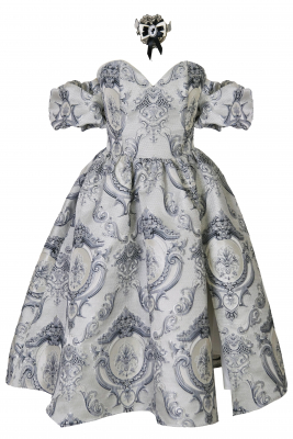 Платье "Версаль" серебристо - серое, атлас, вышивка, вензеля, миди