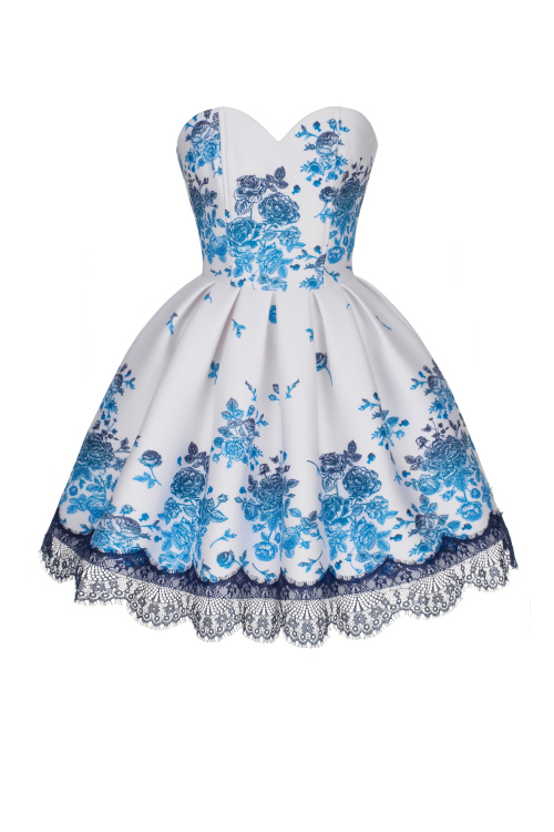 Платье "Аннета" молочное, синий принт, мини