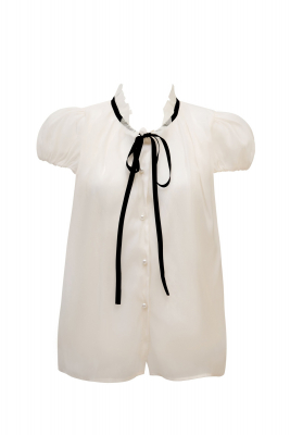 Блуза "Мерсия" светло-бежевая, фатин с кружевом, черная лента - бант