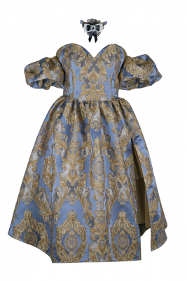 Платье "Версаль" сине - золотистое, атлас, вышивка, вензеля, миди