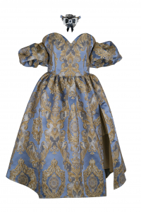 Платье &quot;Версаль&quot; сине - золотистое, атлас, вышивка, вензеля, миди