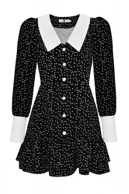 Платье "Элайна" черное, белый горох, воротник и манжеты, на завязках по спинке