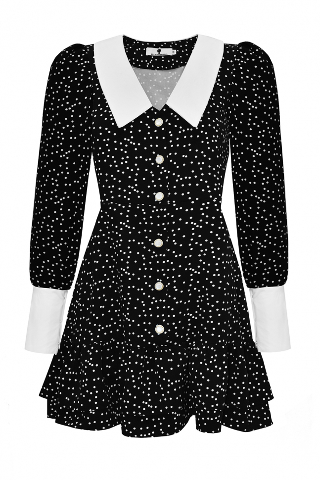 Платье "Элайна" черное, белый горох, воротник и манжеты, на завязках по спинке отзывы