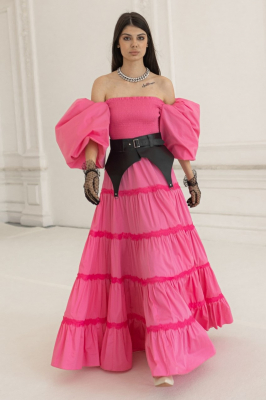 Платье "Лилит" розовое, хлопок + баска с брошью, макси