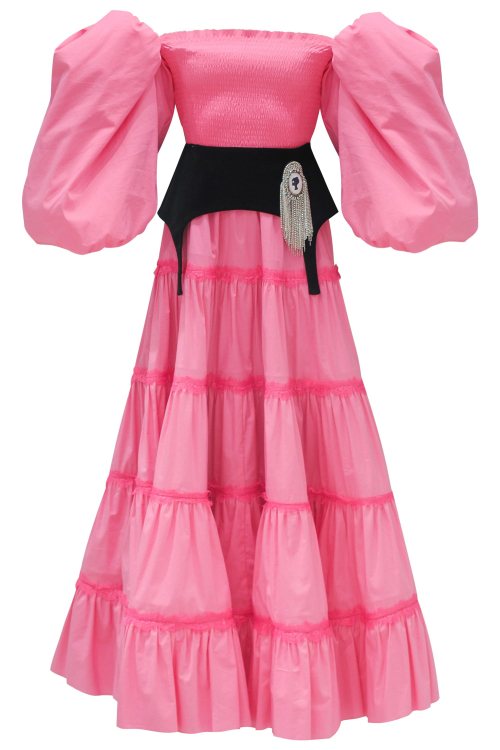 Платье "Лилит" розовое, хлопок + баска с брошью, макси