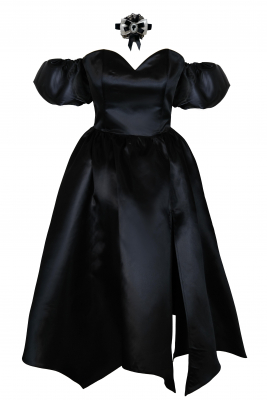 Платье "Бэйлис" черное, сатин (шелк, атлас) миди + подъюбник, чокер