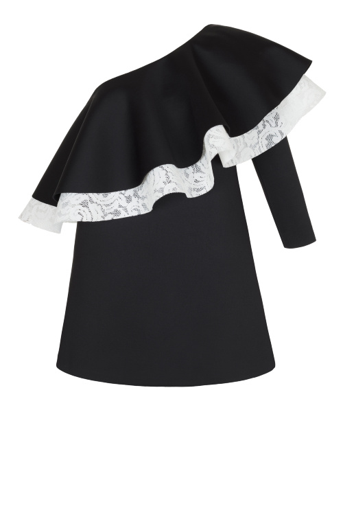 Платье "Космо" черное с белым кружевом, волан, мини