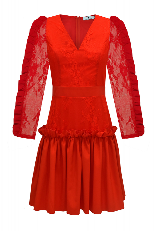 Платье "Мира" красное, с кружевом