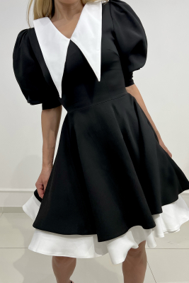 Платье "Элодия" черное, белый воротник и юбка, мини