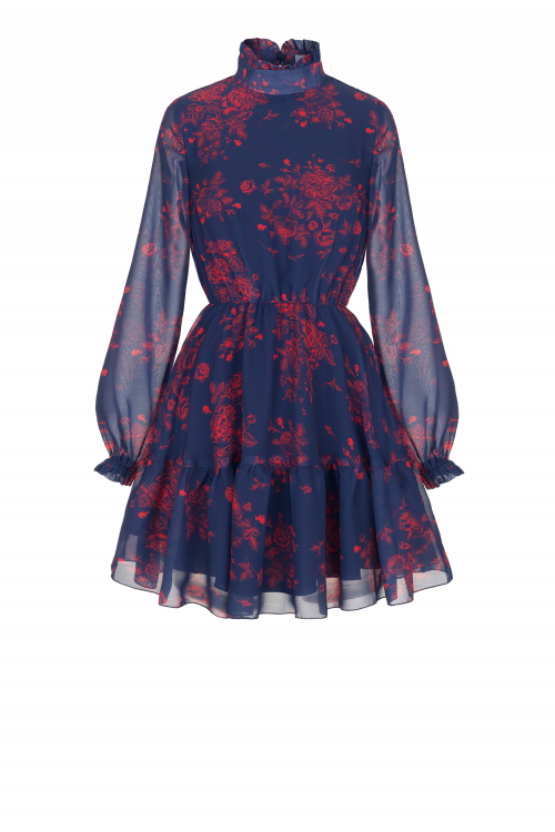 Платье "Амедеа" синее, красный принт, мини