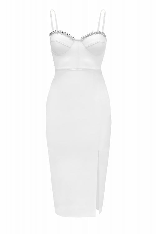 Платье "Шейла" белое, трикотажное, декорированное камнями