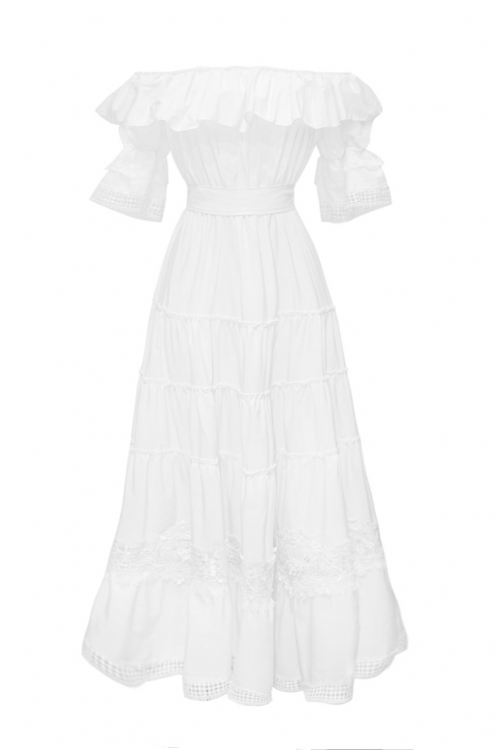 Платье "Бэллэйр" белое, хлопок, с воланами и кружевом, макси