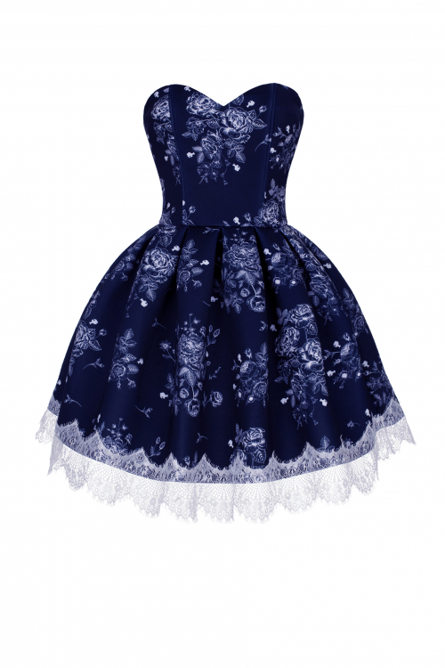 Платье "Аннета" синее, молочный принт, мини