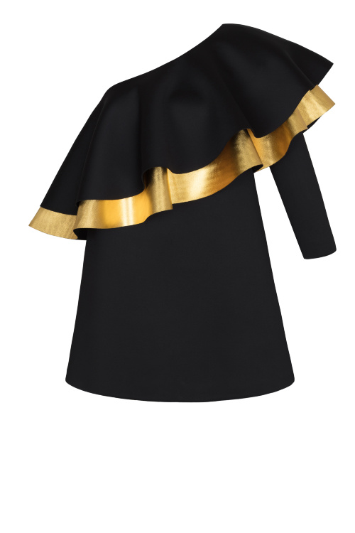 Платье "Космо" черное с золотистым воланом, мини