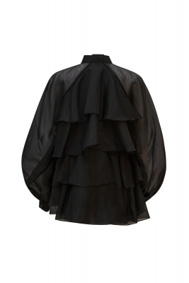 Блуза "Бонита" черная, с воланами и бантом, органза