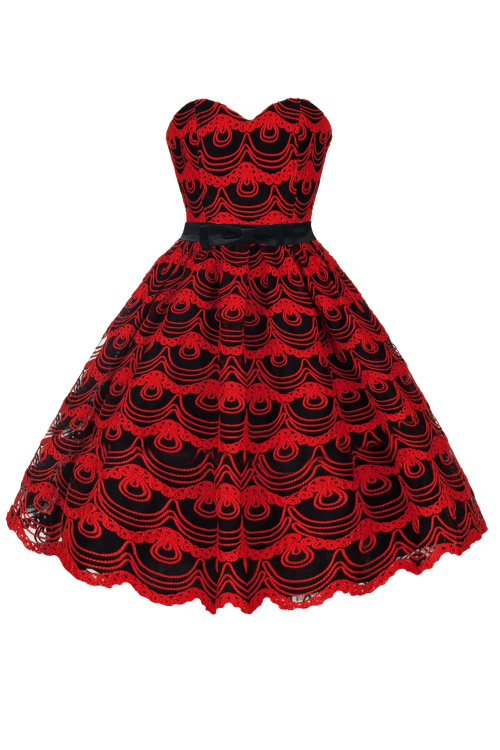 Платье "Николетте" красное кружево на черном, миди