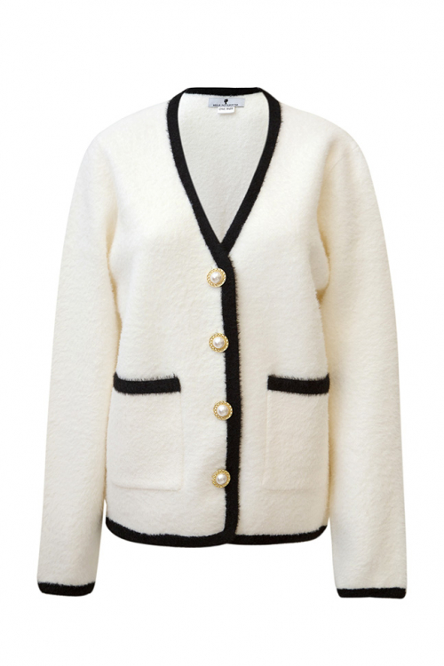 Кардиган мягкий (джемпер, кофта) белый, черный кант, с карманами, пушистый из ангоры альпаки