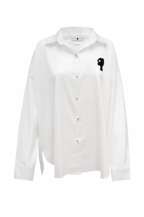 Блуза - рубашка "Ингрис" белая, атлас (шелк), с лого