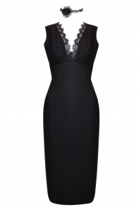 Платье-бандаж &quot;Кано&quot; черное, с кружевом, футляр, миди