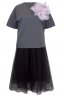 Комплект "Леона" серый/черный, с брошью (футболка + пышная юбка миди)