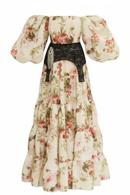 Платье "Лилит" нюдовое, цветочный принт, рукава фонарики + пояс корсет с брошью, макси