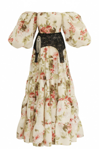 Платье &quot;Лилит&quot; нюдовое, цветочный принт, рукава фонарики + пояс корсет с брошью, макси