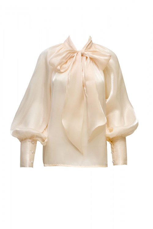 Блуза "Валери" нюдовая, с бантом, органза + топ белый