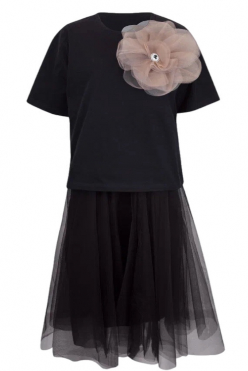 Комплект "Леона" черный, с брошью (футболка + юбка миди)