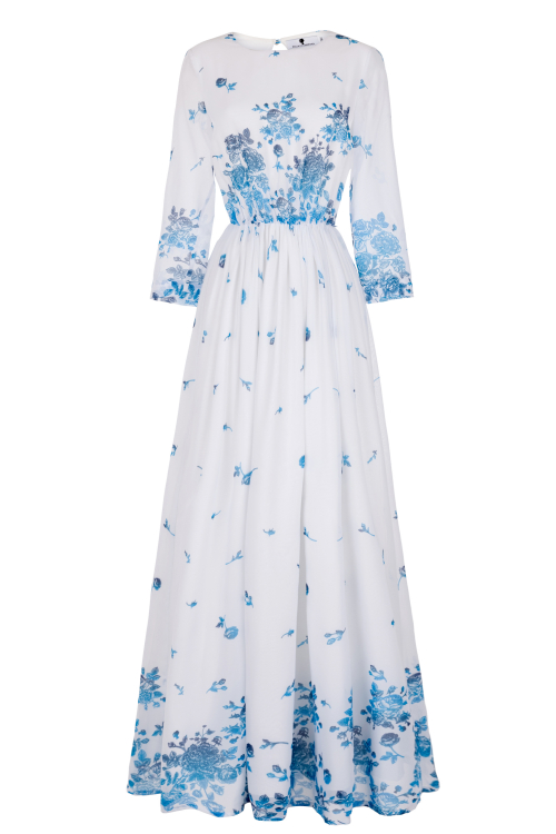 Платье "Бернис" молочное, голубой принт, макси
