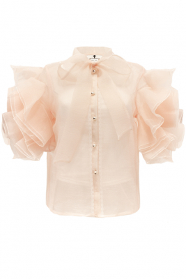 Блуза "Бэрри" пудровая (нежно-розовая), фатин, воланы на рукавах, с бантом