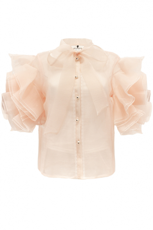 Блуза "Бэрри" пудровая (нежно-розовая), фатин, воланы на рукавах, с бантом
