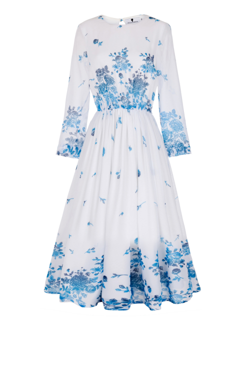 Платье "Бернис" молочное, голубой принт, миди