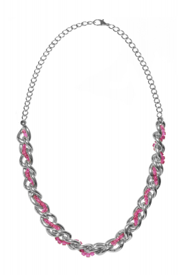 Колье - чокер (цепочка) крупная серебристая с розовым хрусталем