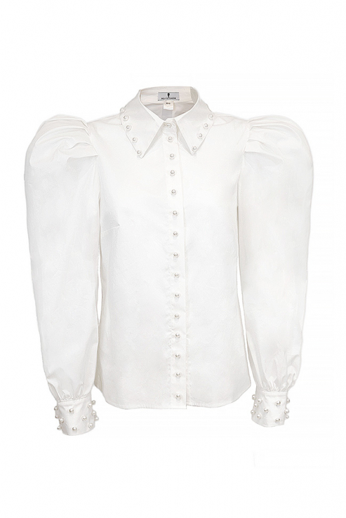 Блуза - рубашка "Иларис" белая, широкие рукава, декорирована жемчугом
