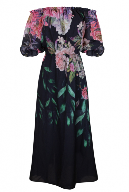 Платье "Анжелина" черное, принт крупные цветы, макси, короткий рукав