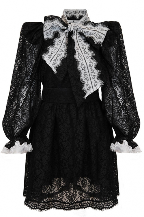 Платье "Мирабель" черное, кружево, бант с белым кружевом, миди