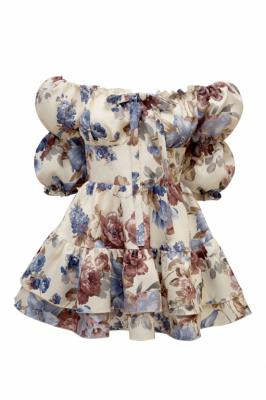 Платье "Барби" молочное, голубой цветочный принт, с воланами по юбке, мини