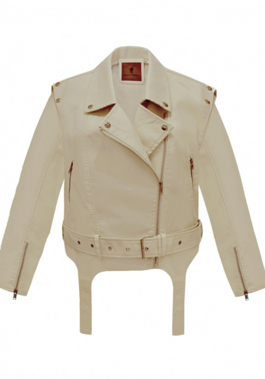 Куртка - косуха "Ренли" светло-бежевая, эко-кожа, имитация подтяжек