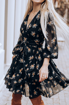 Платье "Мелисса" черное, принт желтые розы