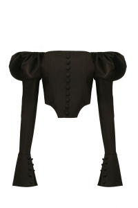 Блуза - топ - корсет &quot;Бруно&quot; черная, рукава фонарики, брошь, с манжетами и пуговицами