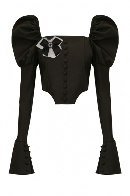 Блуза - топ - корсет "Бруно" черная, рукава фонарики, брошь, с манжетами и пуговицами