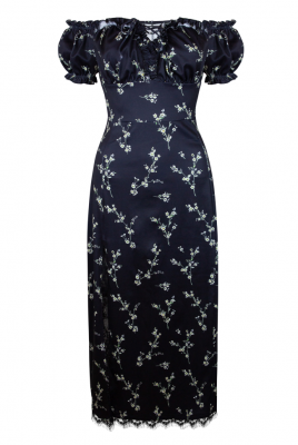 Платье "Джуэль" черное, белый принт веточки, с кружевом, миди, короткий рукав