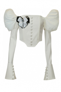 Блуза - топ - корсет &quot;Бруно&quot; белая, рукава фонарики, брошь, с манжетами и пуговицами